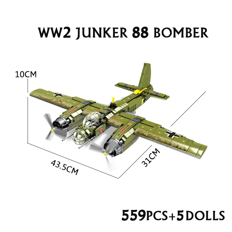 Senbao 559pcs Military Ju-88 Bombing Plane Building Blocks WW2 Helicopter Army Weapon Soldier Model Bricks Kit Toy for Children