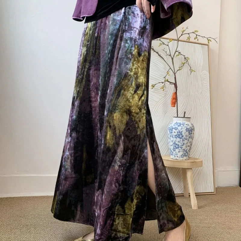 Autumn New Retro New Chinese Style Light Luxurious Texture Fashion Smudged Skirt Women's High Waist Versatile A-Line Long Skirt