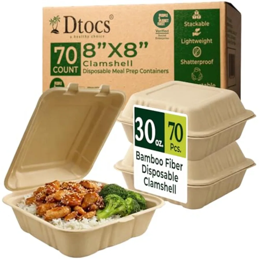 

Compostable Bamboo To Go Food Containers With Lids 8x8 [70 Pack] Heavy Duty To Go Boxes for Food Disposable Clamshell Boxes for