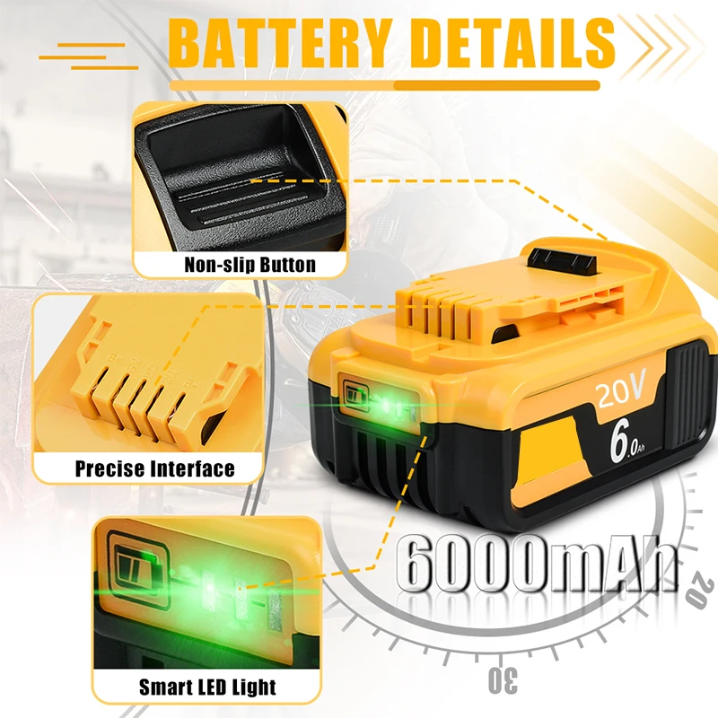 Screwdriver battery for dewalt 20v dcf850 DCF887 tools compatible DCB200 DCB182 DCB609 DCB184 batteries 6.0Ah dcb112 dcb102