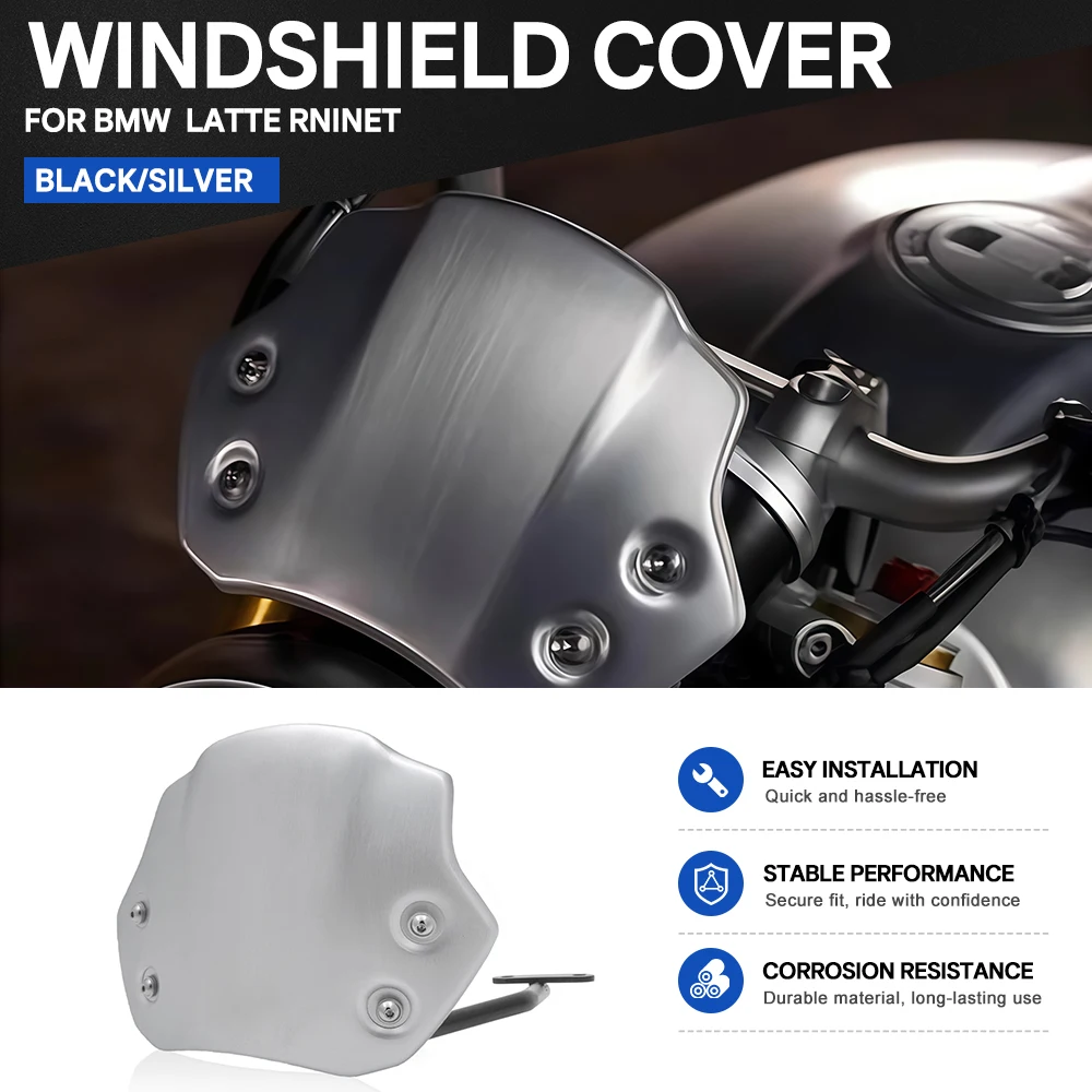 Fit for BMW RnineT Retro Matte Silver Motorcycle Front Windshield Windscreen Cover with Fixed Screws