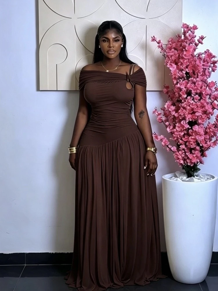 Image of Kleider für Damen Urlaub Sexy Schulterfreies Elegantes Gerafftes Mesh Gerades Midikleid Langes Plissiertes Maxi Sommerkleid Abendkleid