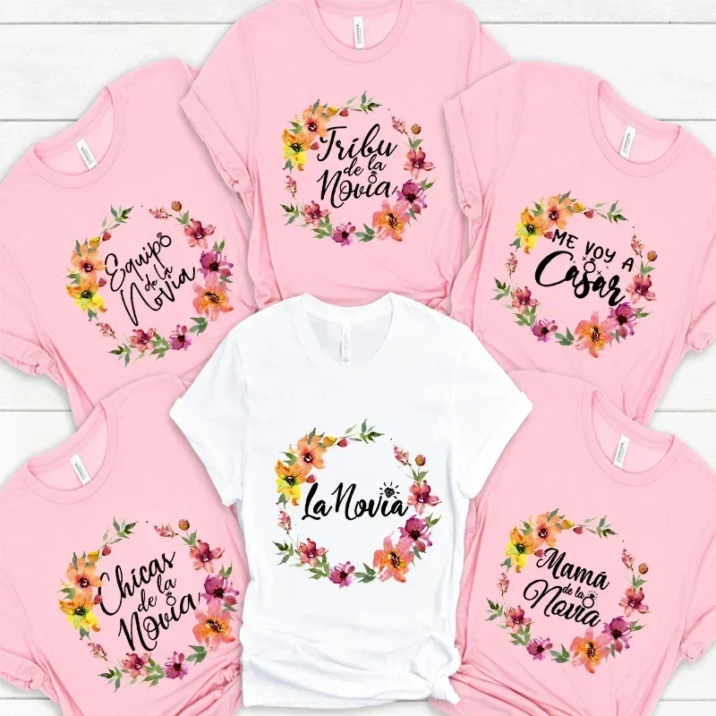 الفرنسية Evjf الإسبانية الزفاف دش فريق العروس تي شيرت الزهور الجرافيك التي شيرت العازبة الأصدقاء الدجاجة حفلة فتاة ملابس حريمي