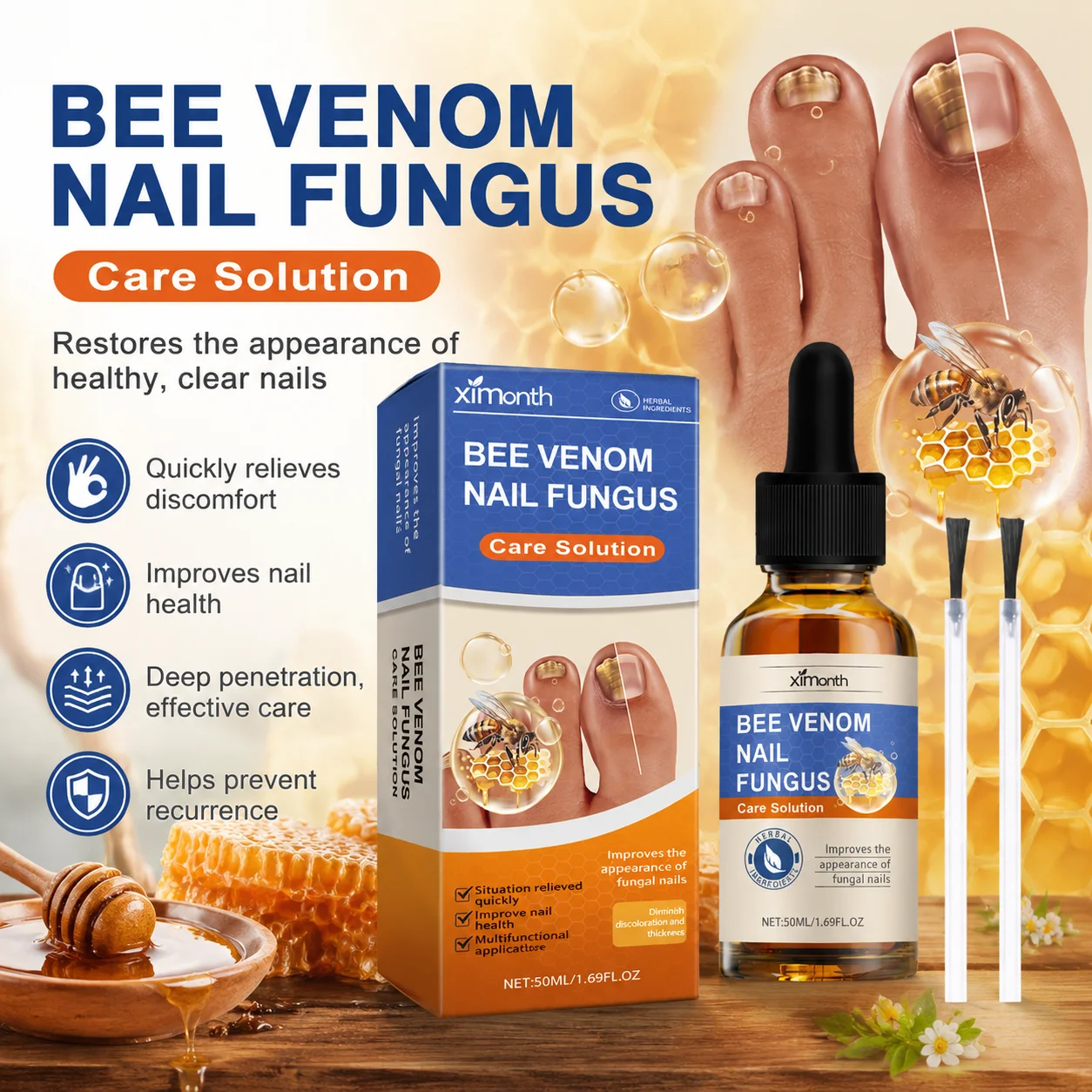 

50/100ml Bee Venom Nail Fungus Care Solution Health Maintenance Repair Nail Discoloration Thickening Hand Foot Nail Care Essence