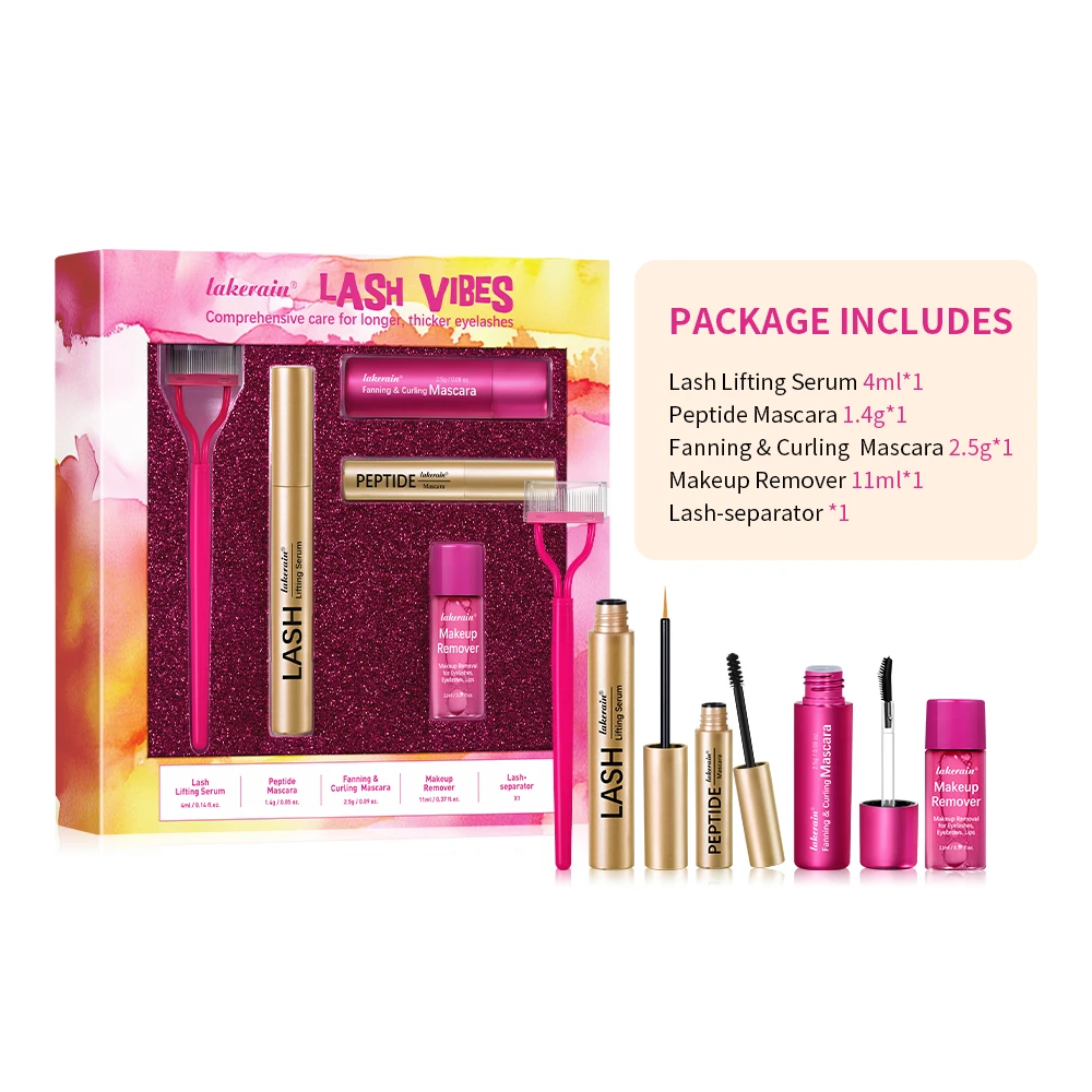 Deluxe wimperset bevat wimperserum, peptide voedende mascara, krullende mascara, wimperkam en oog- en lipmake-up verwijderaar