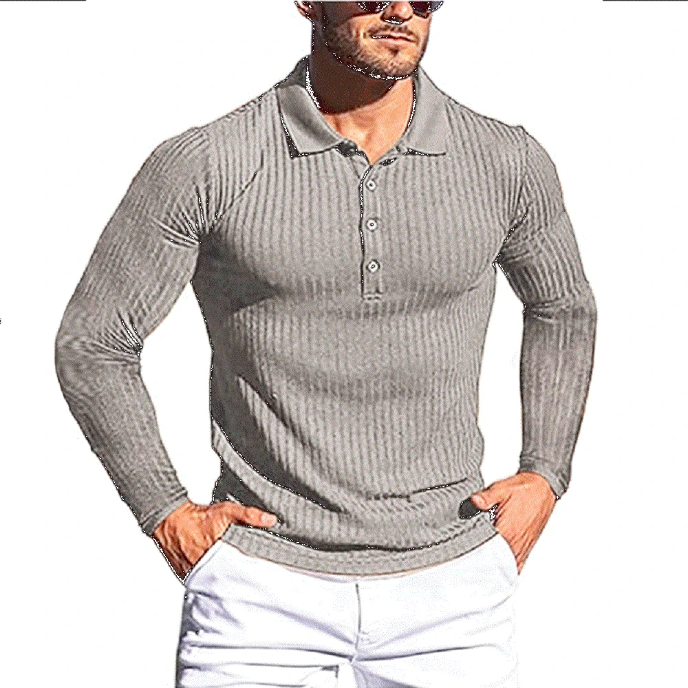 Mens Stripe Polo European American Size Men Long Sleeve Sports Polo Fashionable Knitted Stretch Breathable Lapel Fitness T-Shirt