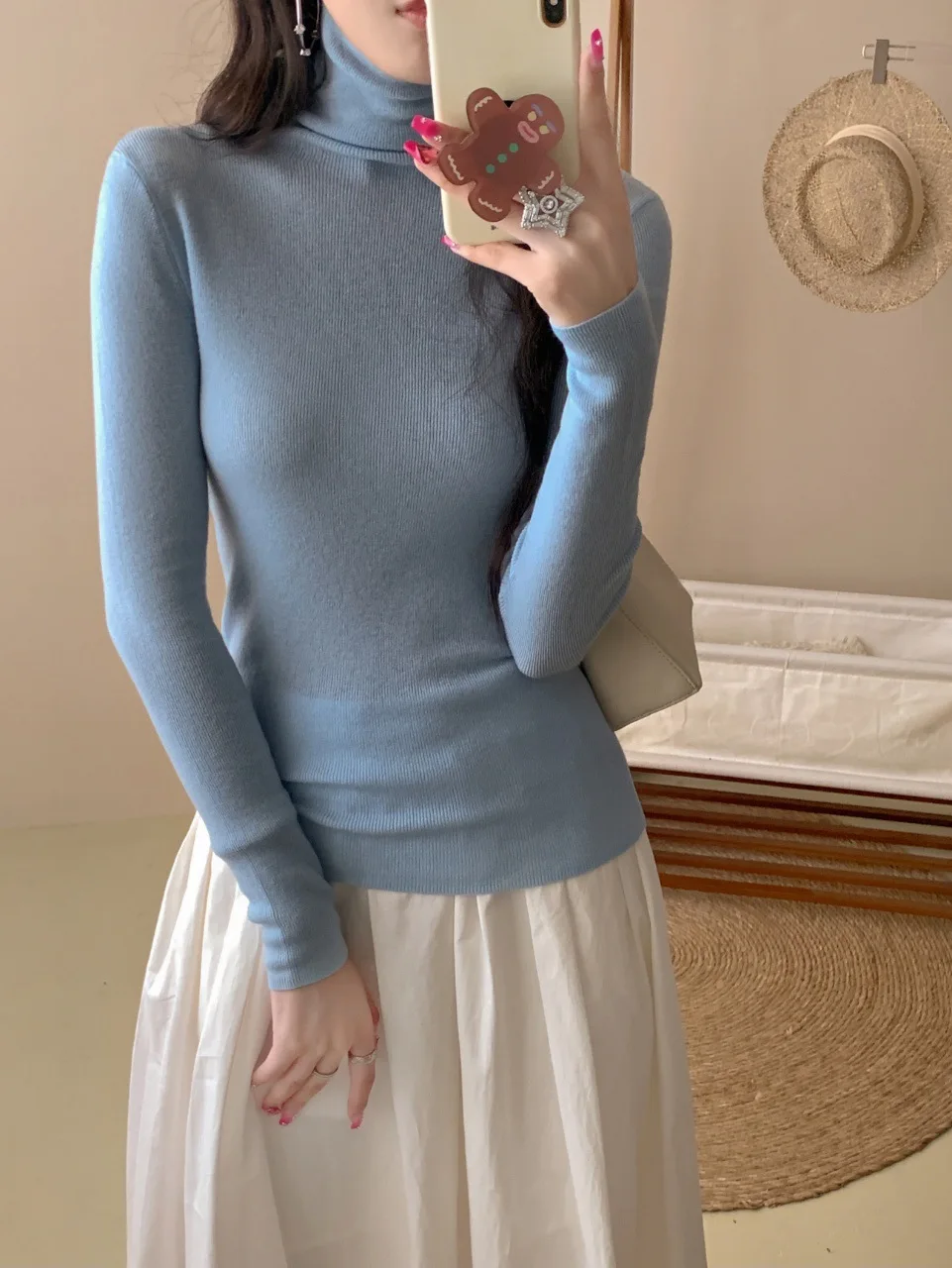 Birdtree, 100% Sheep Wool Elegant Thin Style Base Sweater, Woman Autumn High Collar Full Sleeve Solid Color Knit Tops T58122JF