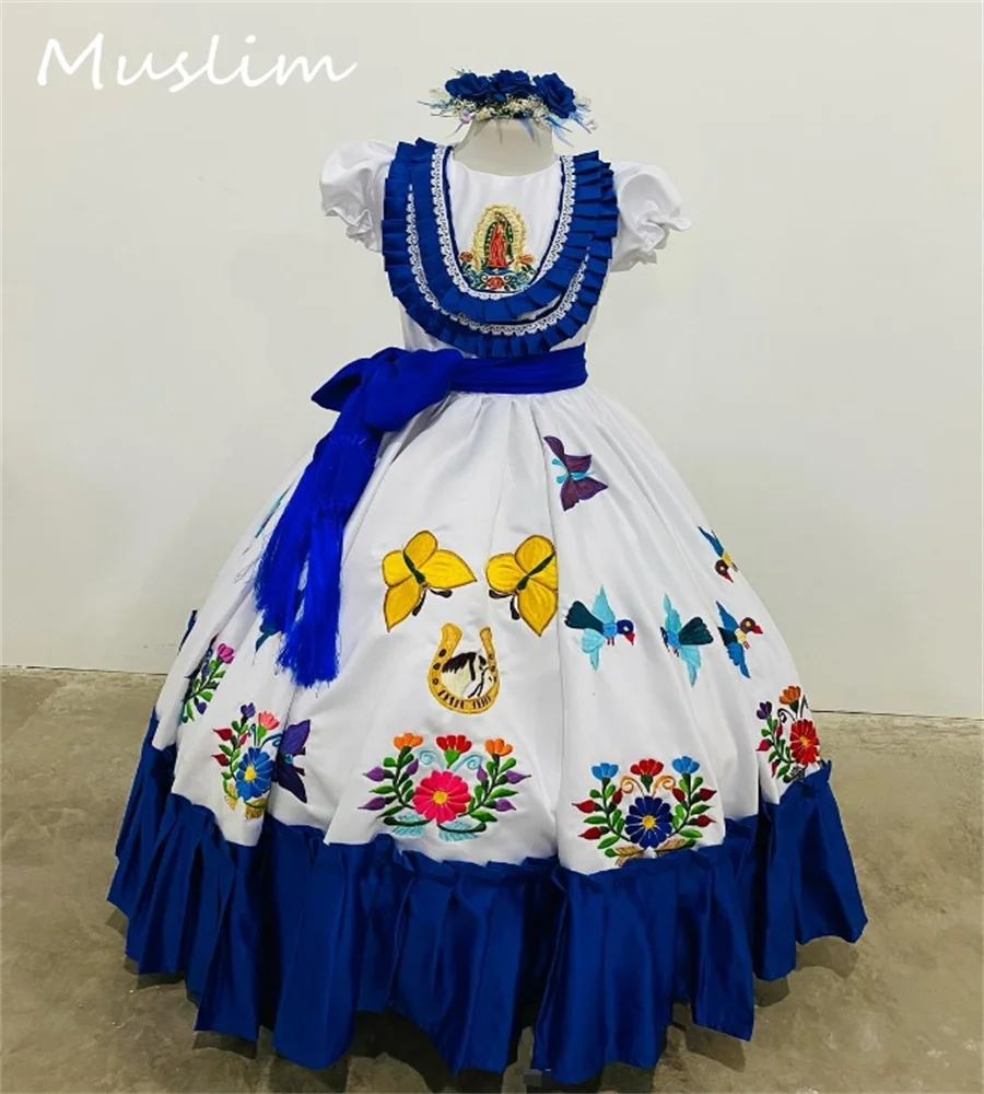 

Traditional Mexican Flower Girls Dress Embroidery O Neck A Line Blue And White Charro Baby Kids Pageant Birthday Customized