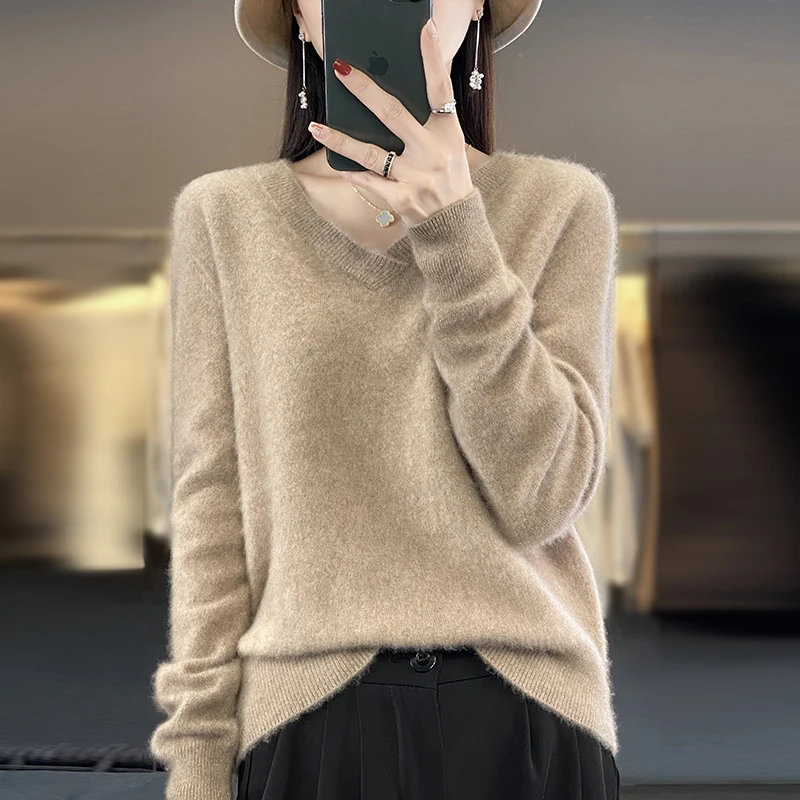 2023 Autumn/Winter New V-neck Loose Women\'s Sweater 100% Woolen Sweater Pullover Long Sleeve Knitted Cashmere Top Sweater