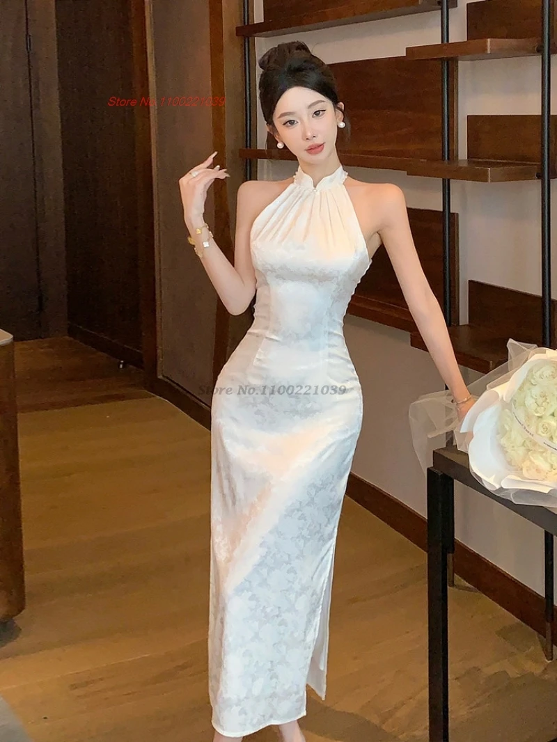 

2026 chinese folk dress qipao improved cheongsam traditional satin jacquard sleeveless qipao retro nightclub evening dress qipao