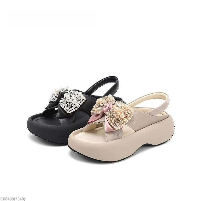 Thick-sole Height-increasing Pearl Bow Sandals for Women,summer All-match Fairy Style Non-slip Outdoor Back Strap Platform Shoes