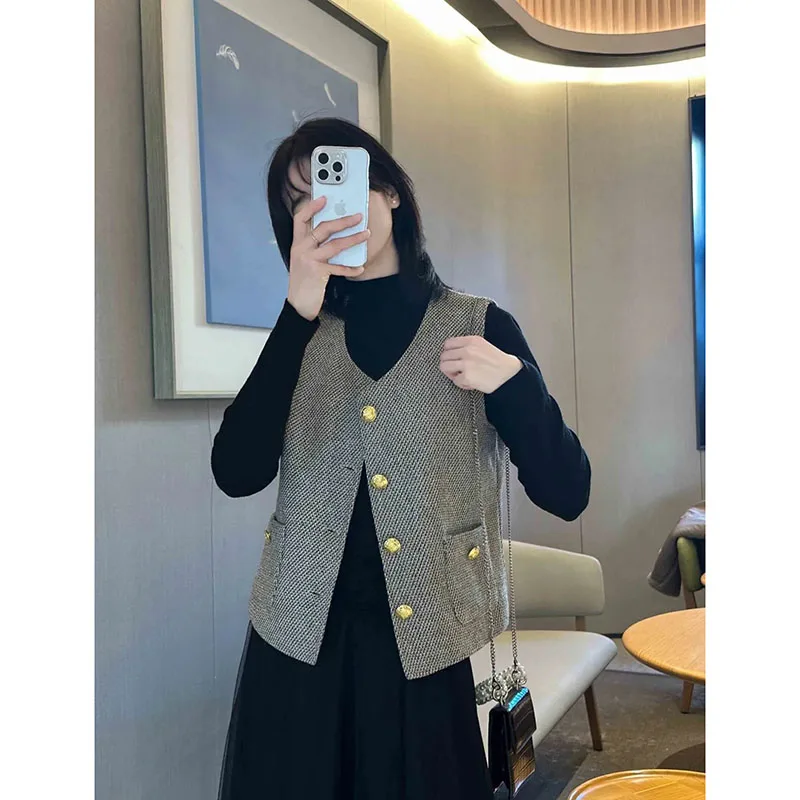 2025 봄 가을 새로운 여성의 작은 향기로운 양복 조끼 자켓 프랑스어 세련된 고급 여성 짧은 자켓 조끼 느슨한 아웃웨어