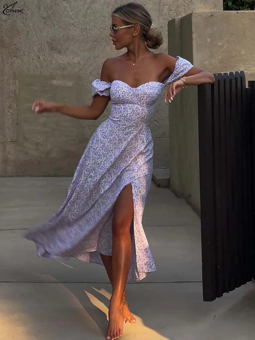 

Oymimi Casual Purple Print Dresses 2025 Woman Fashion Strapless Short Sleeve High Waist Dresses Elegant Side Slit Mid-Calf Dress