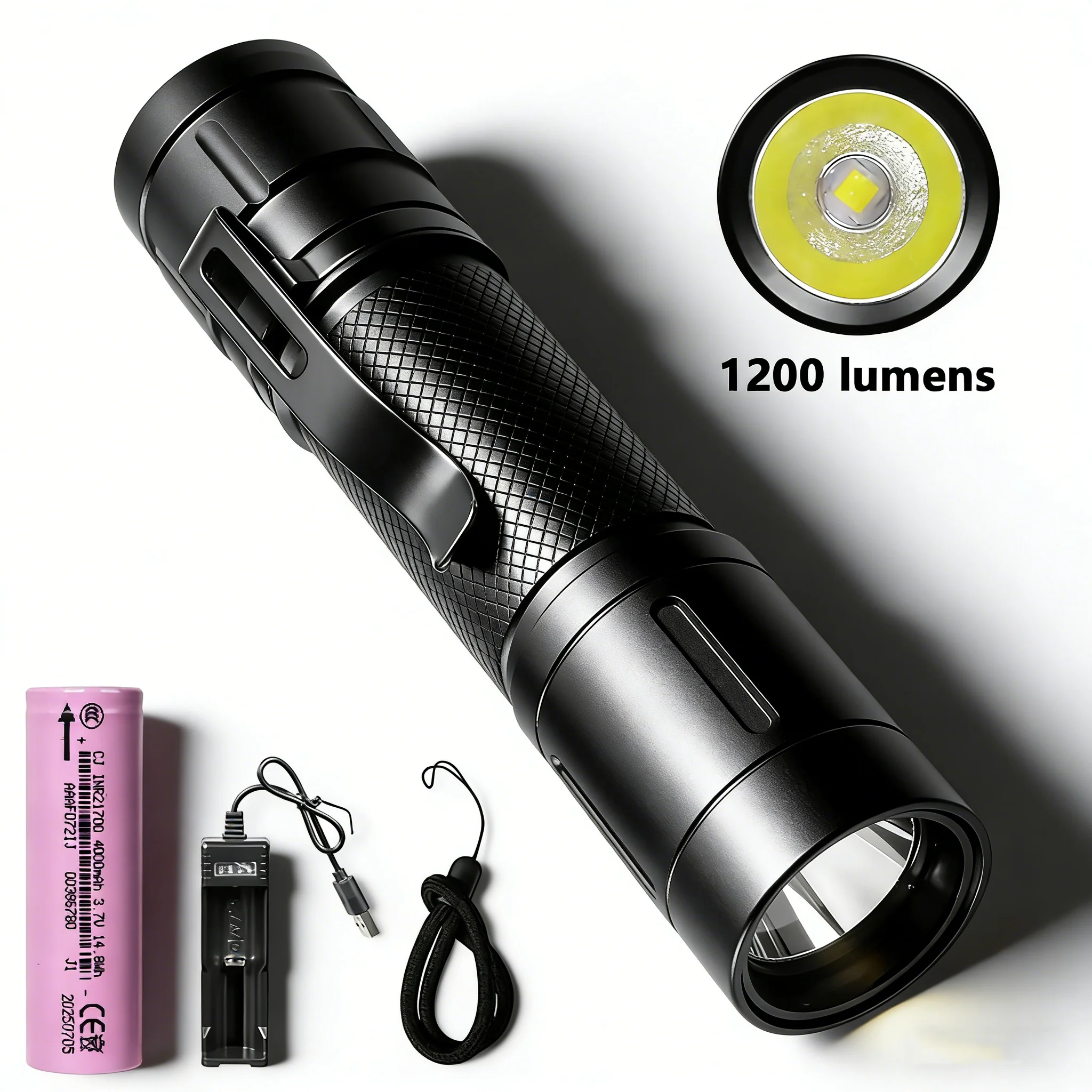 1200LM Portable Tactical Flashlight, 6 Lighting Modes, 360° Clip,High Brightness Torch Built-in 21700 Battery Emergency Light