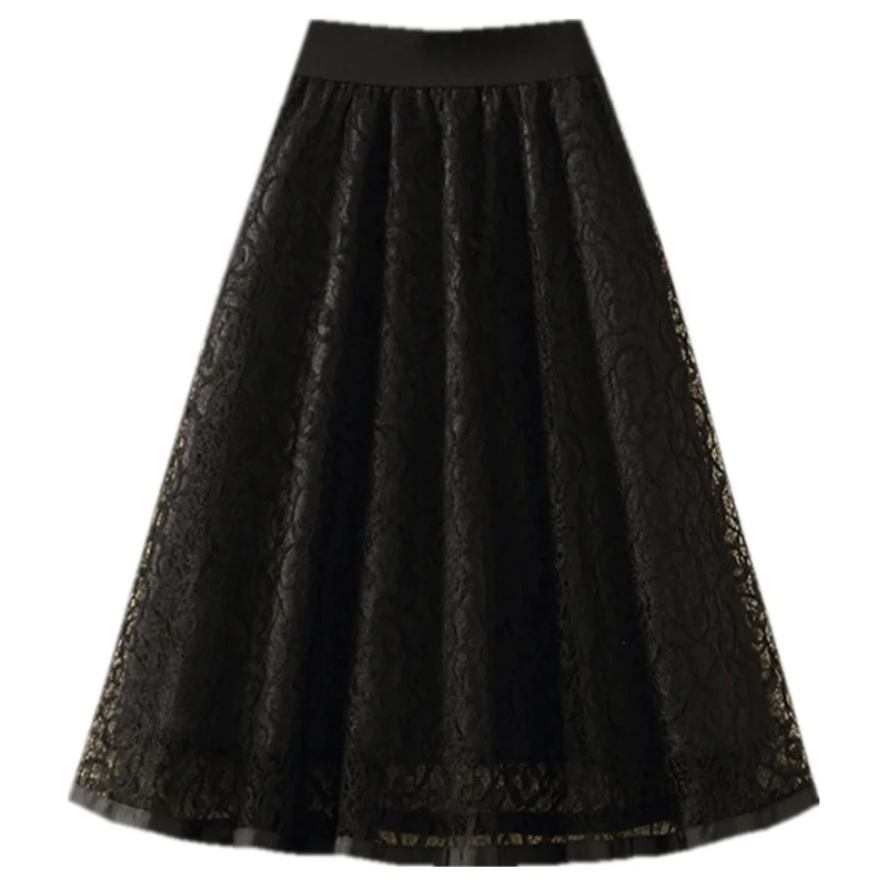 Letnia Nowa Sukienka Koronkowa z Haftem, Spódnica Midi w Kształcie Litery A z Wysokim Stanem, Zapinana na Zamek, z Wycięciami, Koreańska Sukienka do Pracy