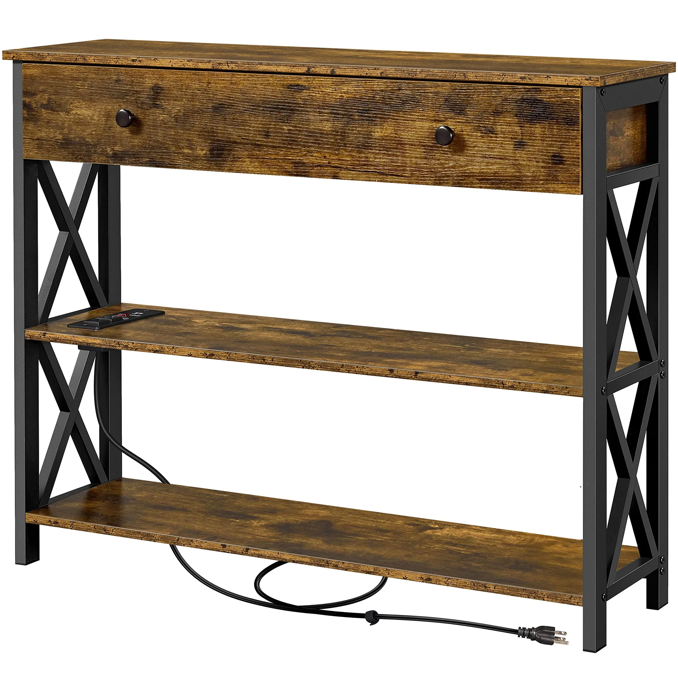 Console Table with Charging Function, 40-Inch Narrow Entryway Sofa Table for Hallway, Behind Couch in Living Room, Featuring 2 Power Outlets, 2 USB Ports and a Drawer, IC Brown