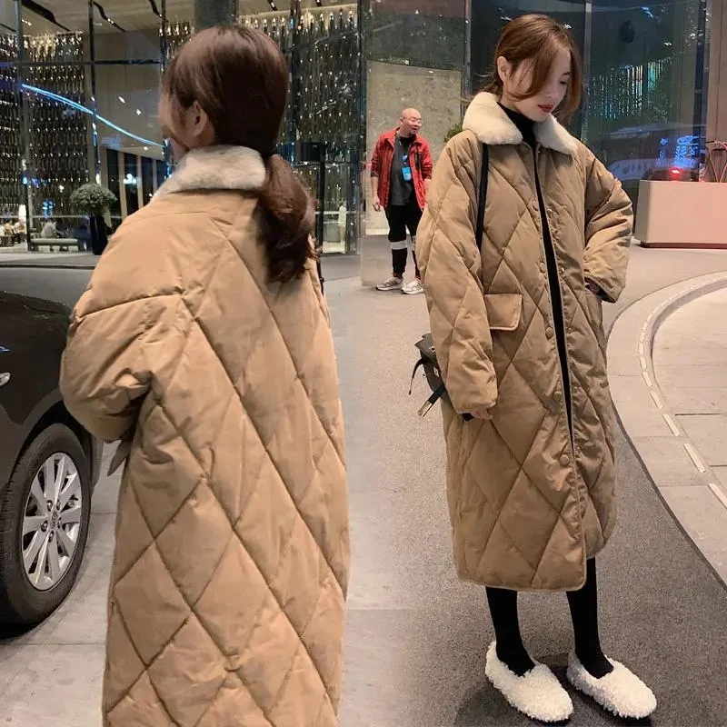 

Winter Thickened Down Cotton Coat 2023 New Women's Korean Quited Cotton Coat Lamb Wool Collar Parka Female Down Cotton Coat Long