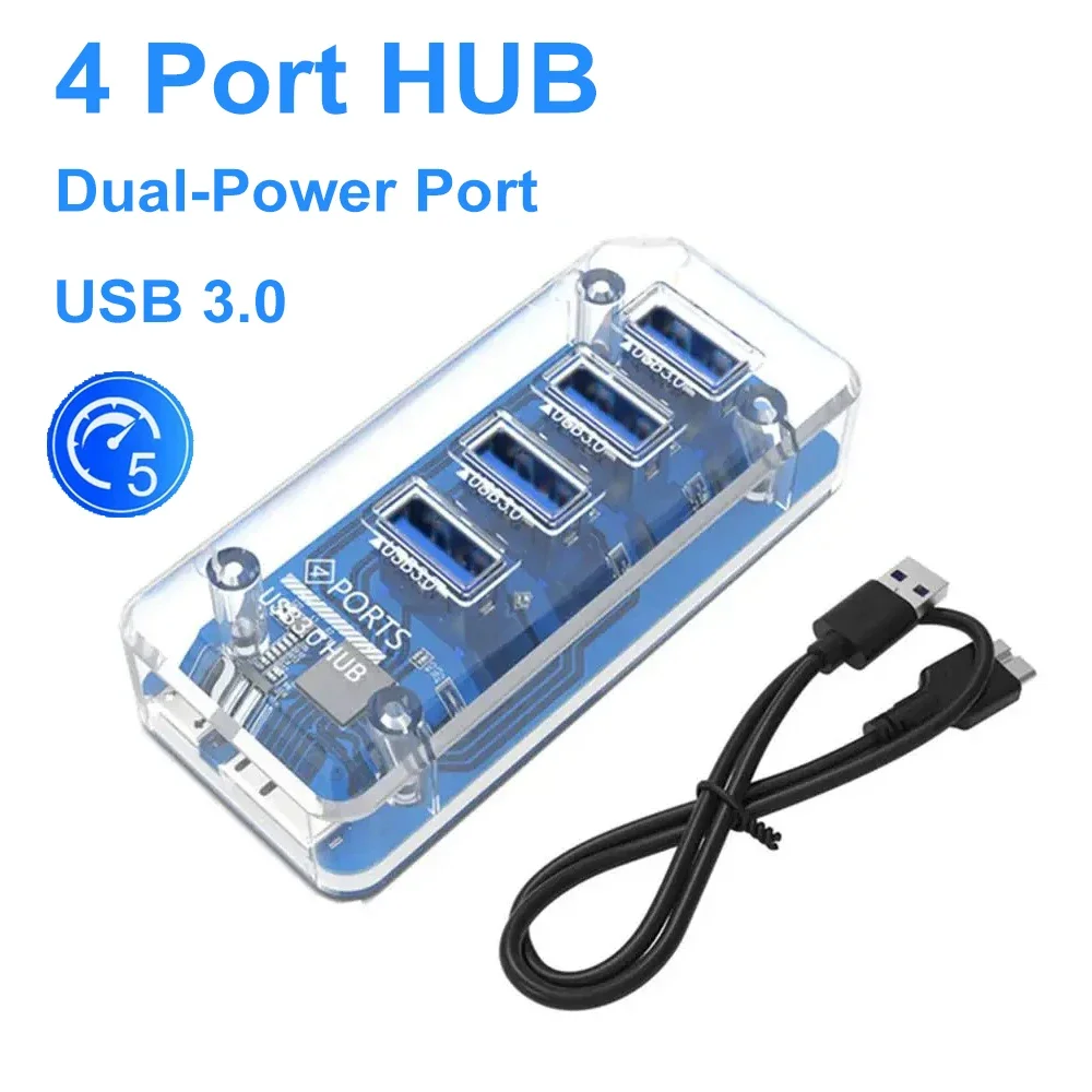 

Transparent USB HUB Multi 4 Port High Speed USB3.0 Splitter Micro USB Power Port USB Docking station For Laptop PC OTG Adapter