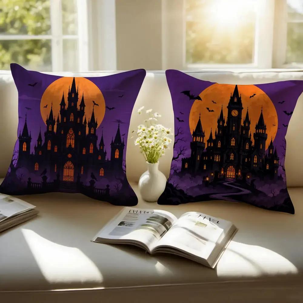 Halloween Haunted Castle Cushion Cover Pillowcase Anti-dustmite Invisible Zipper Short Plush Sofa Cushion