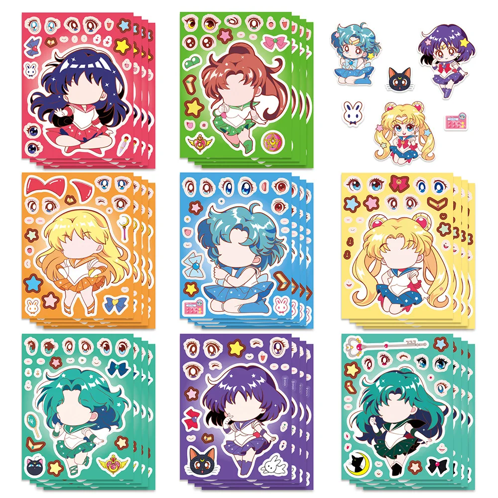 8Sheets Anime Sailor Moon Puzzle Stickers Make A Face Children Cartoon DIY Assemble Jigsaw Decals Kids Party Decor