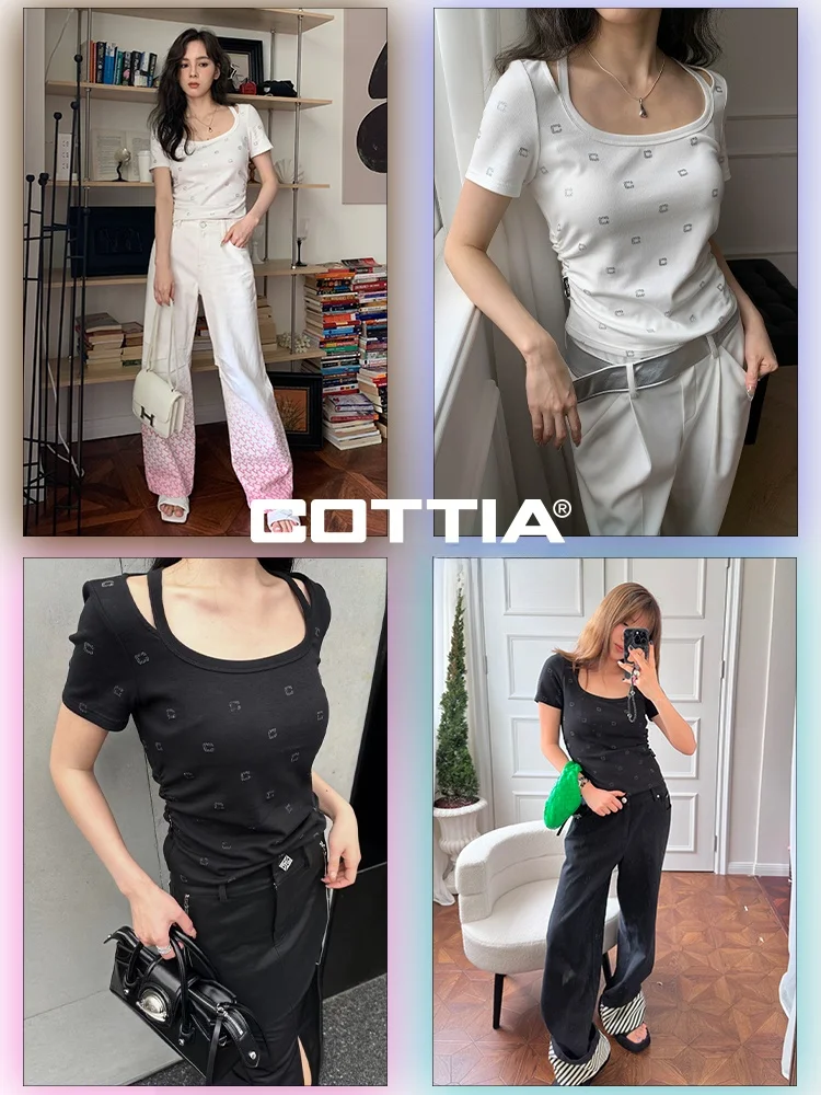 

Женская футболка COTTIA весна-лето: трикотажная, с пайетками, приятная к телу, плиссированная, модная, универсальная