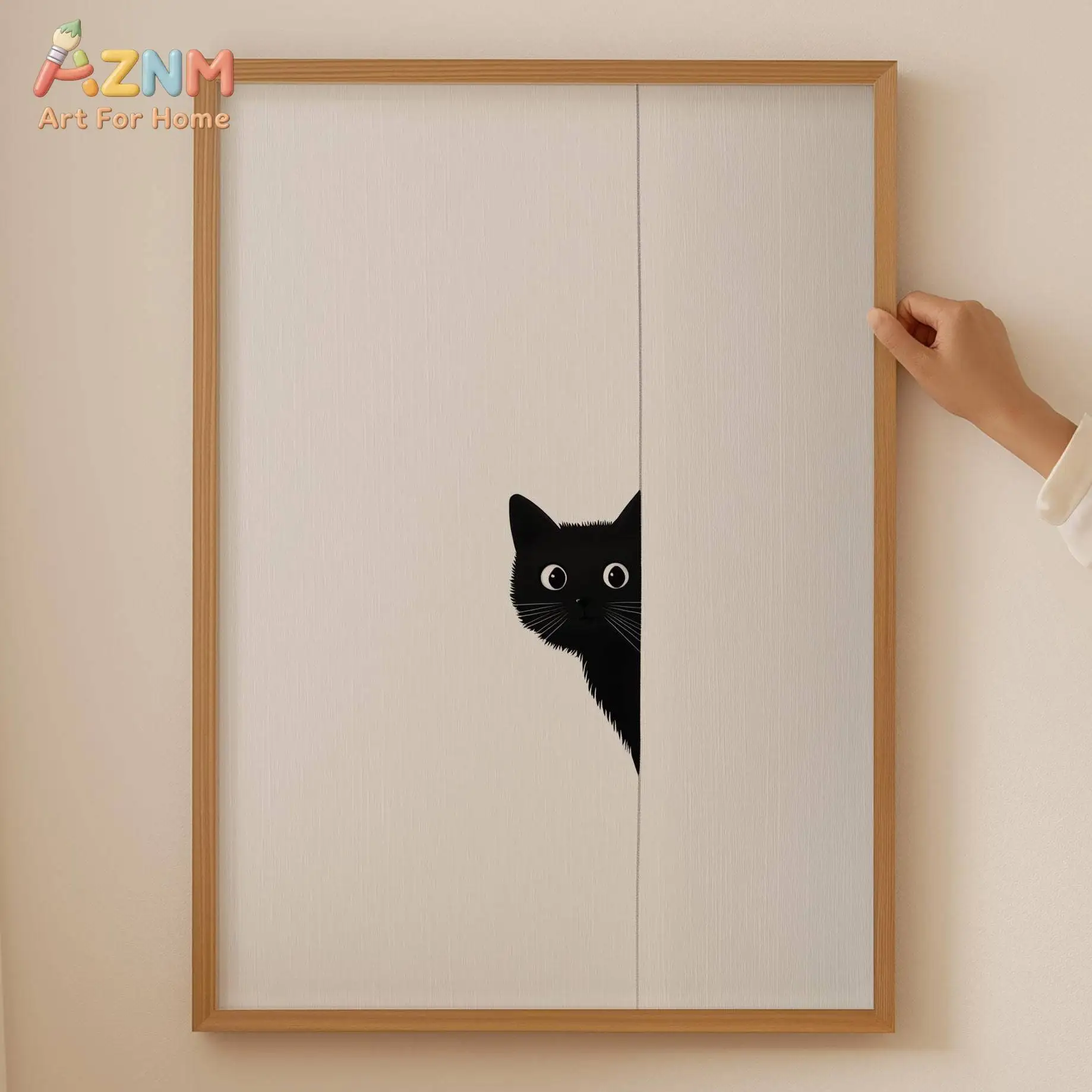 AZNM Minimalist Peeking Black Cat Canvas Wall Art Simple Cute Kitten Silhouette Neutral Aesthetic Bedroom Unframed Canvas Poster