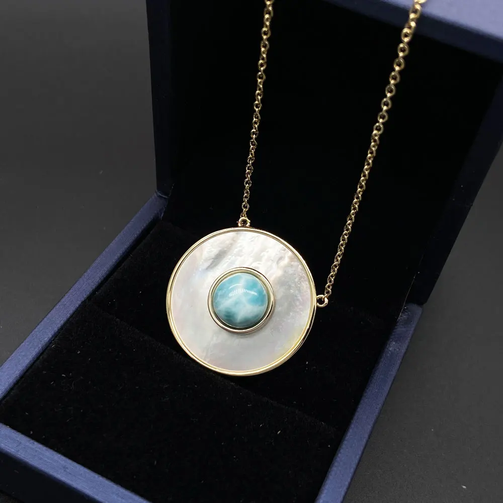 Trendy Natural Larimar Pendant 14K Yellow Gold White Shell Gemstone 8mm Necklace for Women Girl Party Fine Jewelry Gift view 4