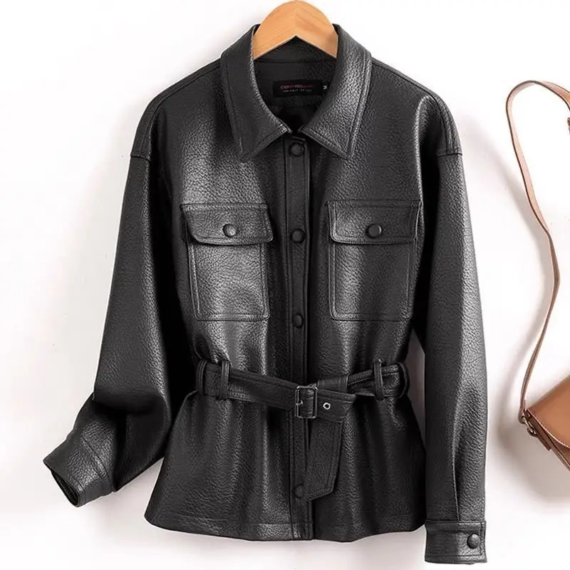Haining Motorcycle Jaet ort Bla Women's Slim Fit Spring 2026 Street Sle Polyester Fiber Long Sve  Collar Button Coats