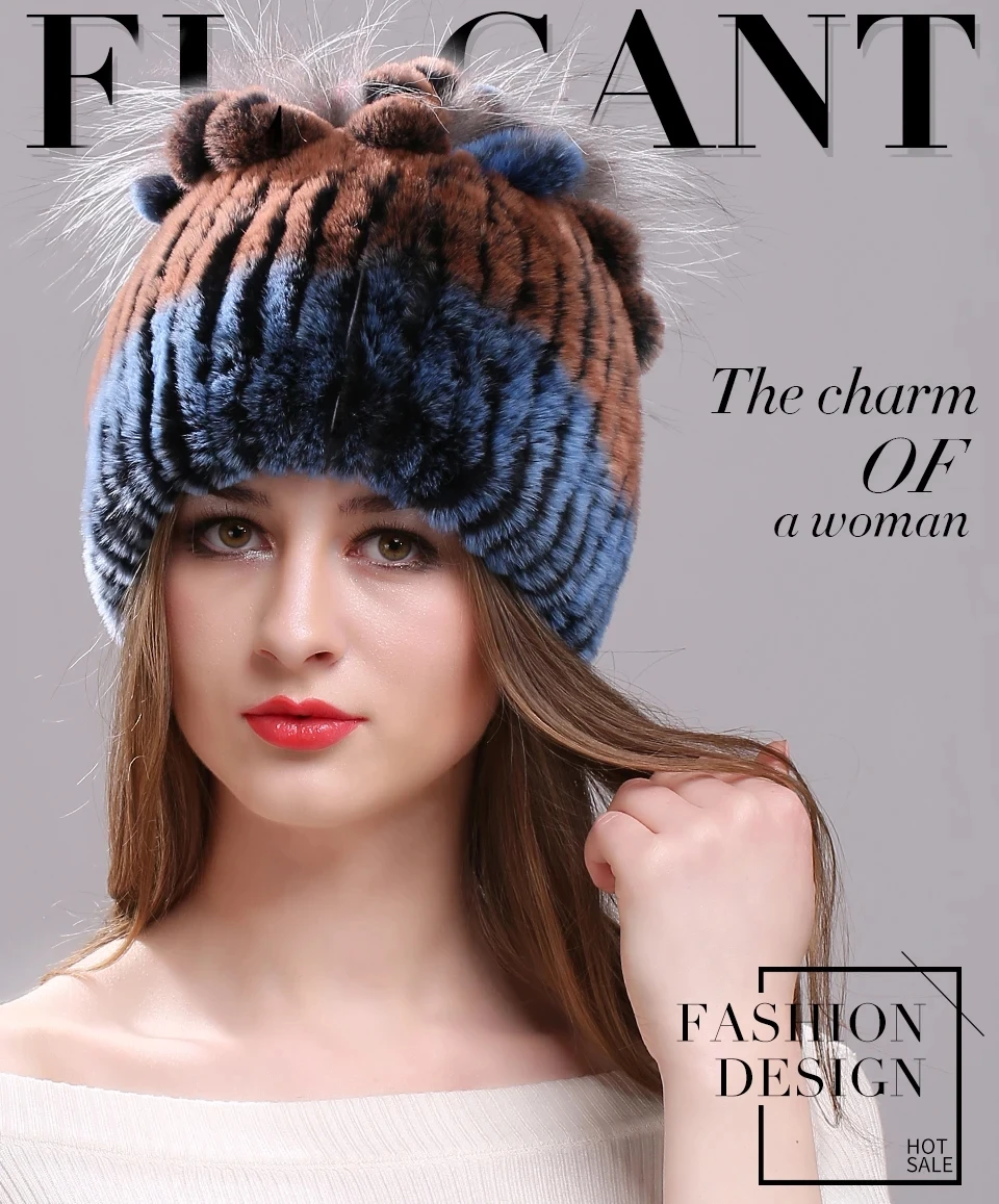 Strickmütze für Damen, 100 % echte Rex-Kaninchenfellmütze mit Blumen, Oberteile, warme, hochwertige Beanie-Damenmütze aus echtem Pelz für den Winter – Detail 1