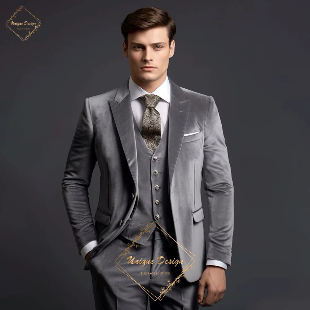 Classic Elegance Men\'s Grey Velvet 3-Piece Custom Suit Timeless Style for Every Occasion Wedding Dating Prom Annual Dinner Party