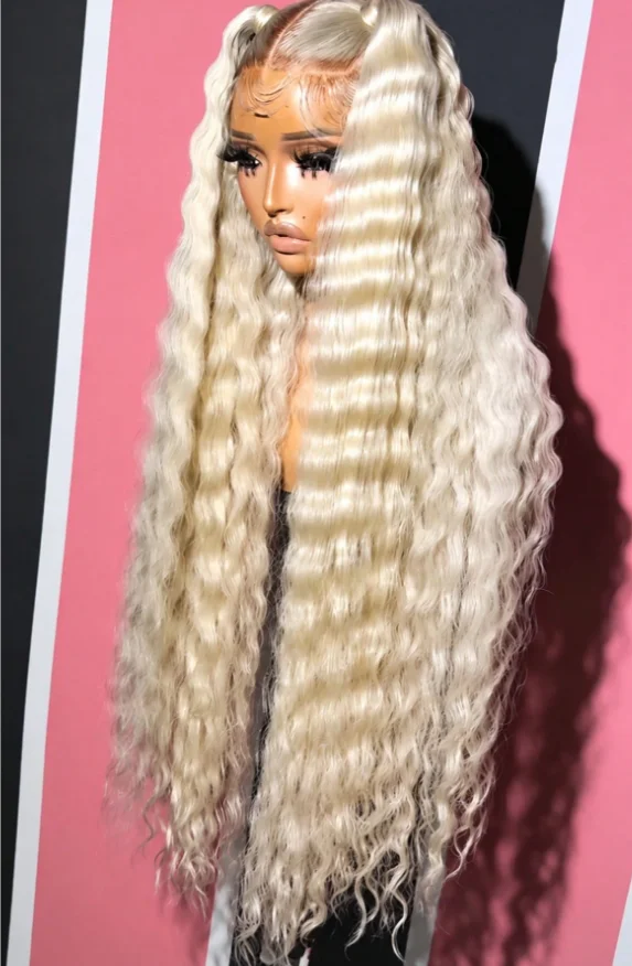 32 Inch 180% Density 613 Blonde 13x4 Deep Wave Human Hair Wig Gold Colored Pre Plucked Wet And Wavy Lace Front Wig Human Hair For Women With Baby Hair
