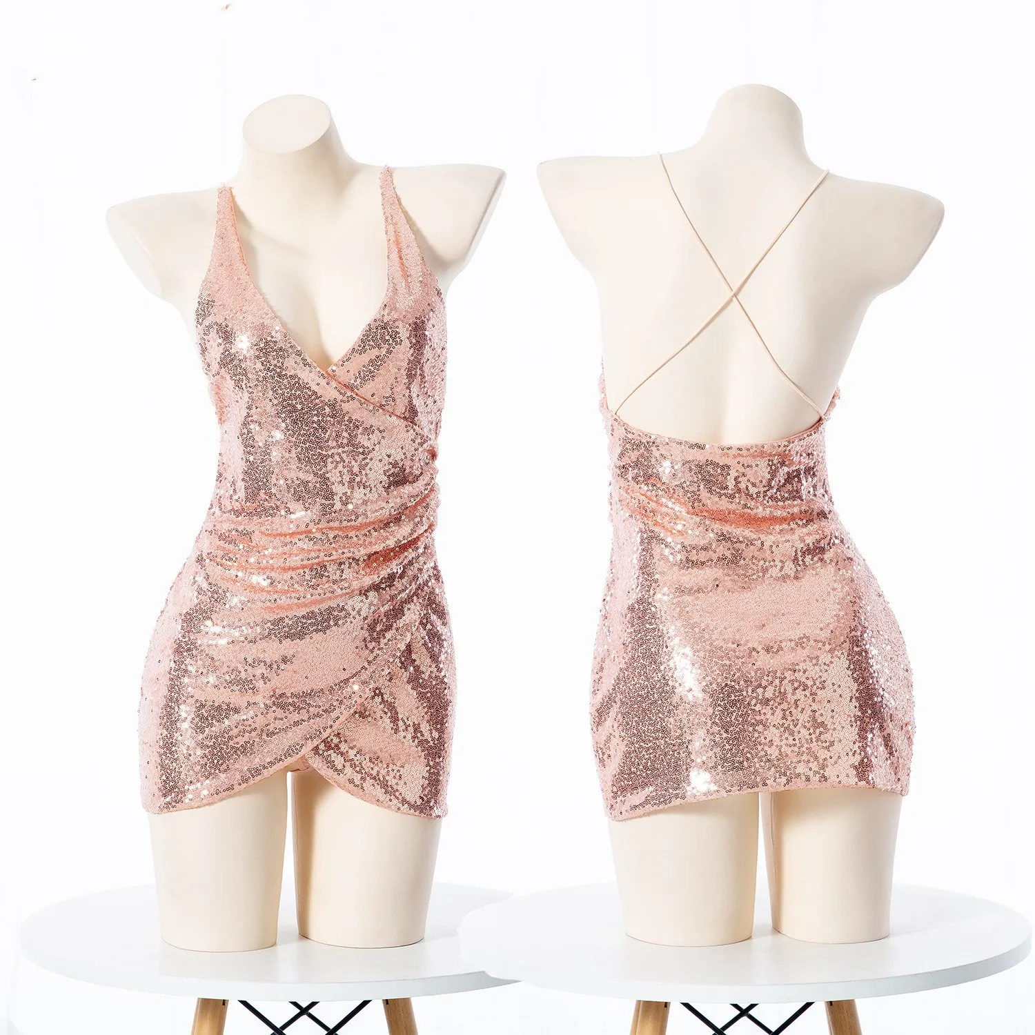 Sexy Women Lingerie Sequin Sparkly Glitter Party Club Dresses Cocktail Spaghetti Straps Wrap V-Neck Bodycon Dress