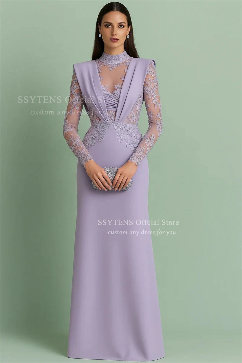 SSYTENS Lavender Women Prom Dresses Lace Long Sleeves Formal Evening Gown Dresses High Collar Party Gown Floor Length Customized