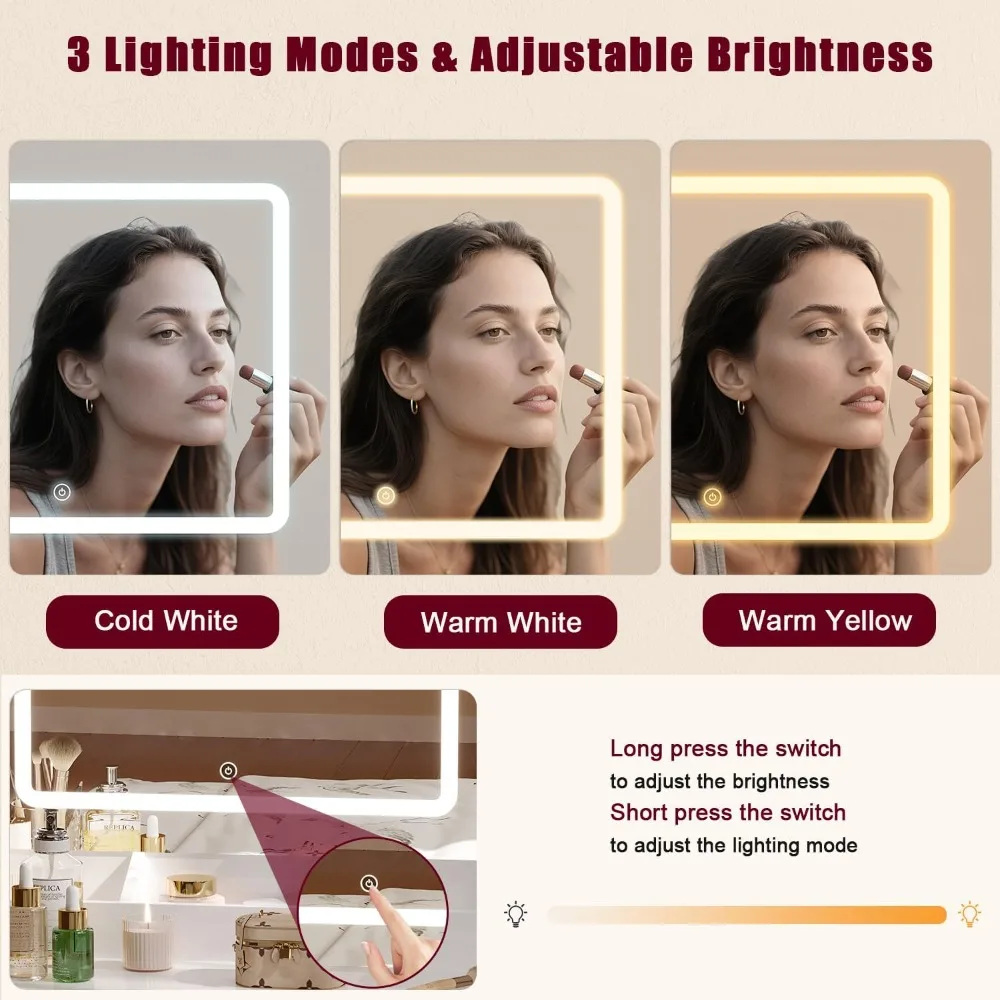 Scrivania per trucco con specchio e luci, set da toeletta con specchio e sgabello e luci 3 colori, scrivania da toeletta bianca con cassetti, Mak