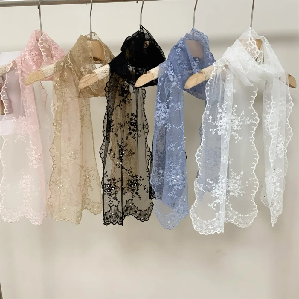 

Casual Retro Women's Lace Scarf Korean Version Embroidered Flower Sunscreen Shawl Long with Pearls Female Headscarf
