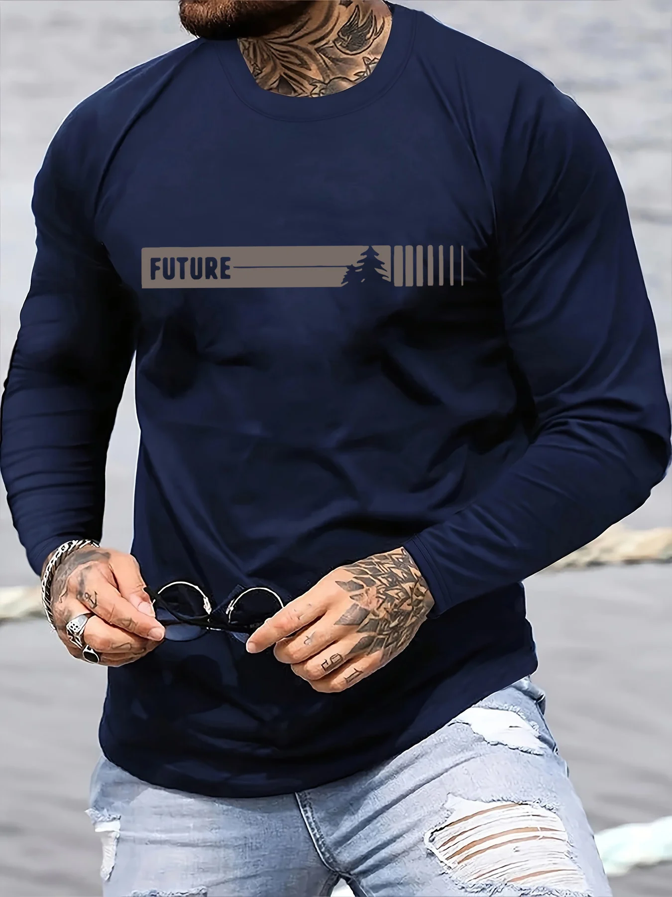 100% pure cotton men's long sleeved round neck loose future 