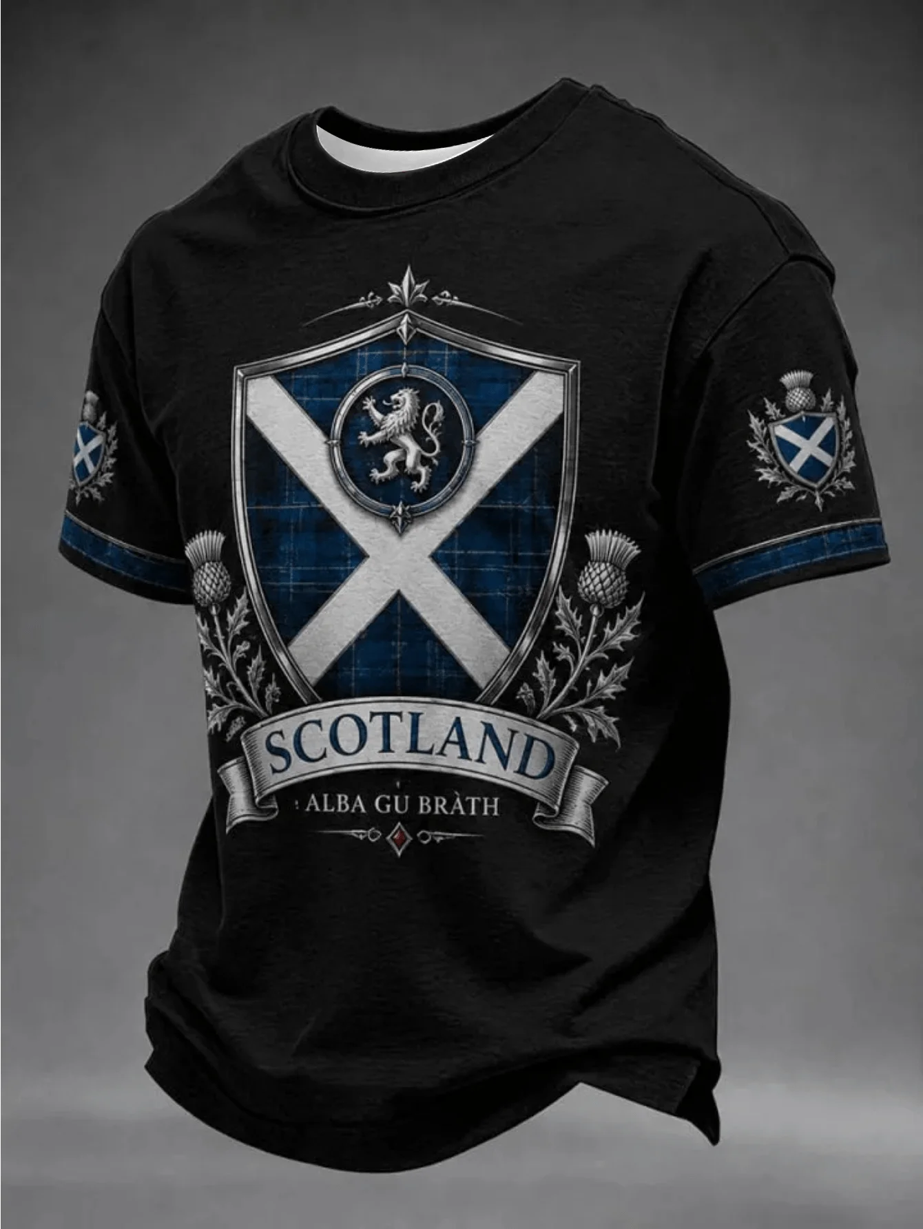 Men’s Scotland Graphic T‑Shirt, Vintage Heraldic Shield Thistle Saltire Cross Print Short Sleeve Casual Crew Neck Tee for Men