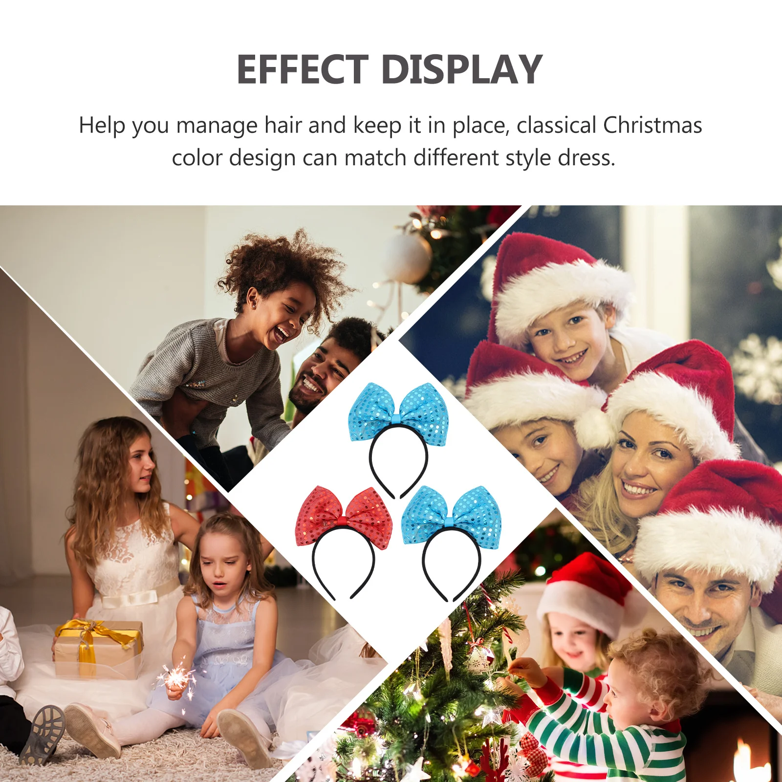 

3Pcs Stretchy Christmas Bow Headband Shiny Sequin Design Stylish Bright Color Xmas Hair Accessory Fashionable Attractive