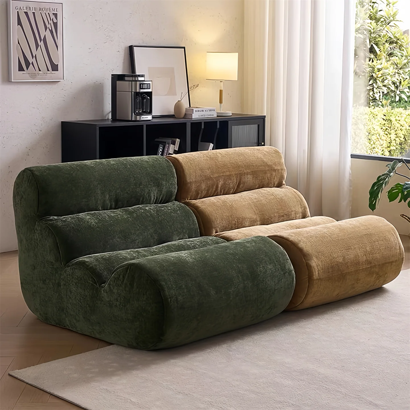 Modern No Assembly Compressed Sponge Floor   Sofa Curved Backrest for Living Room Bedroom Reading Corner