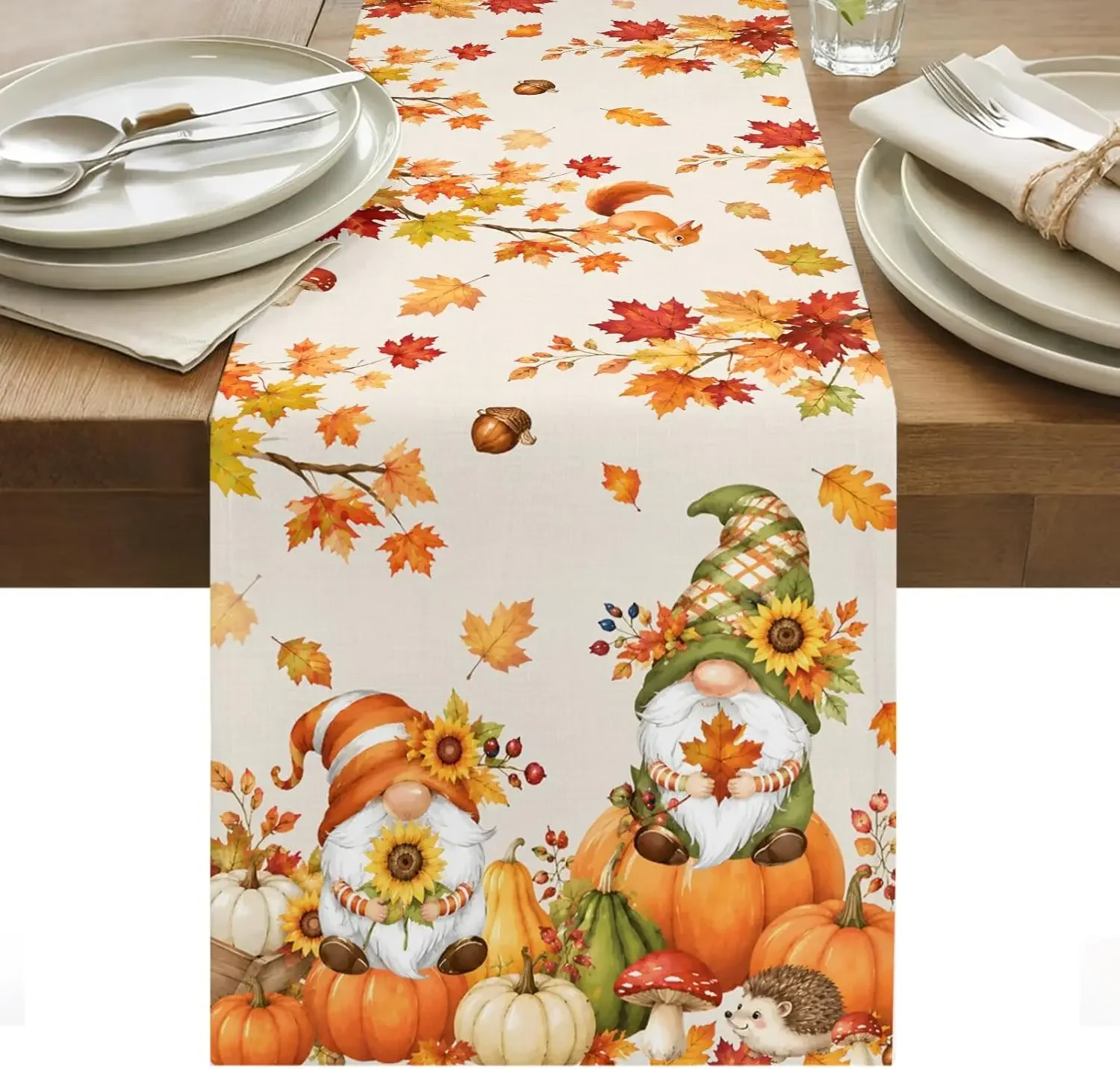 1Pc Autumn Gnome Pumpkin Table Runner Cream Fall Leaves Acorn Print Table Cover For Dining Kitchen Party Decoration Tabletop Dec