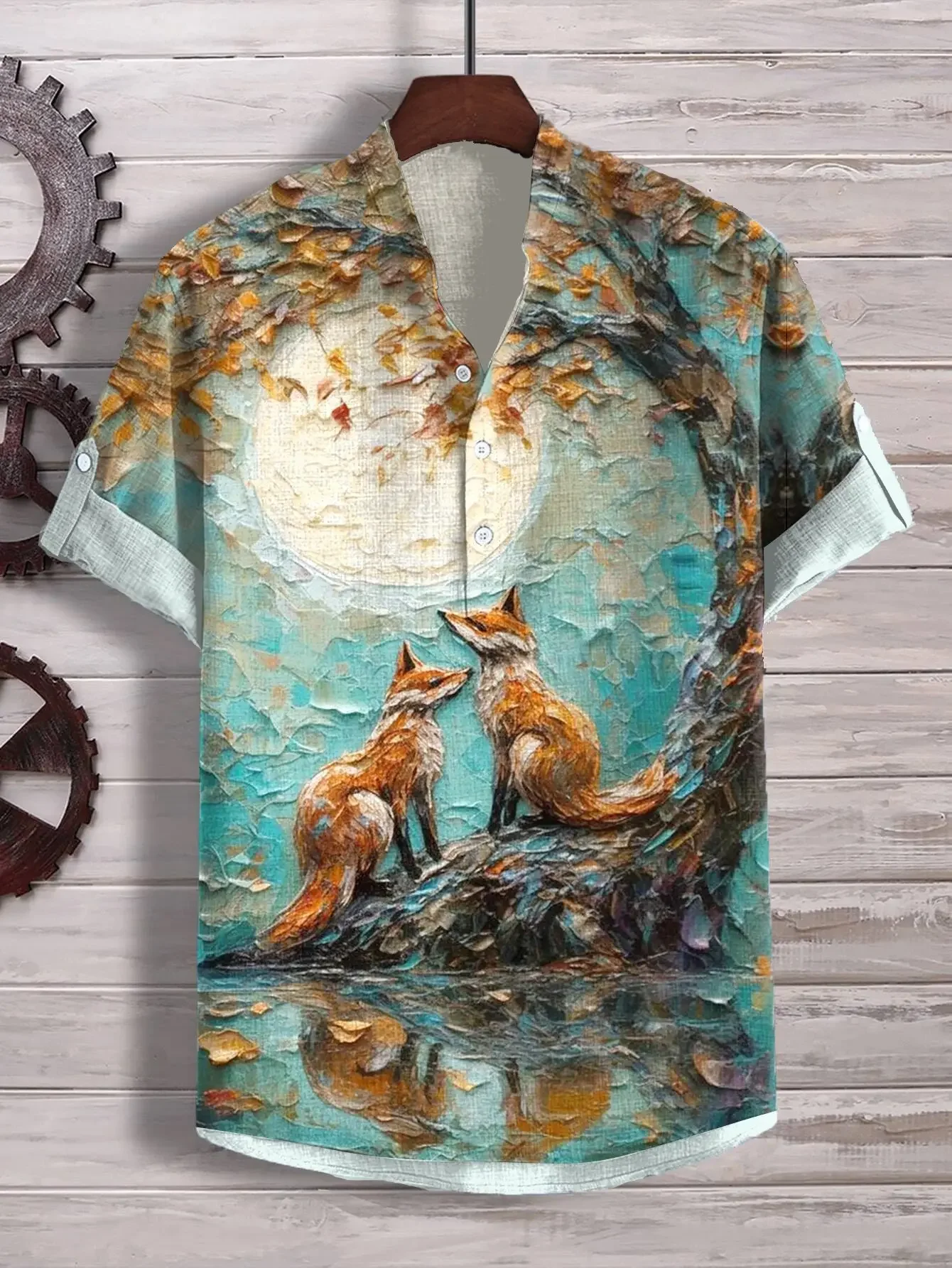 2024 cross-border summer new 3D digital heat transfer animal landscape 3-button large size stand-up collar short-sleeved shirt