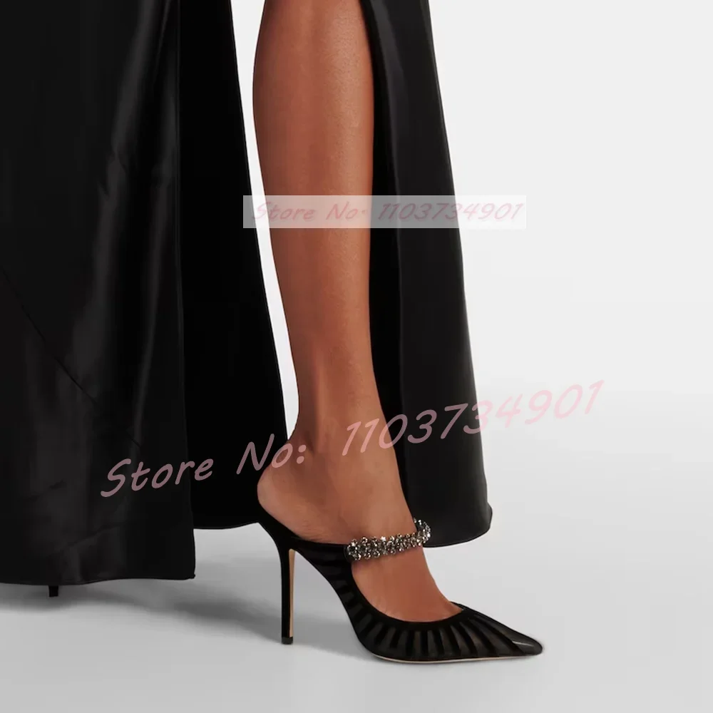 Mesh Crystals Elegant Pointed Toe Slippers Female Fashion Satin Outdoor Thin High Heels Mules Women Casual Chic Party Slippers