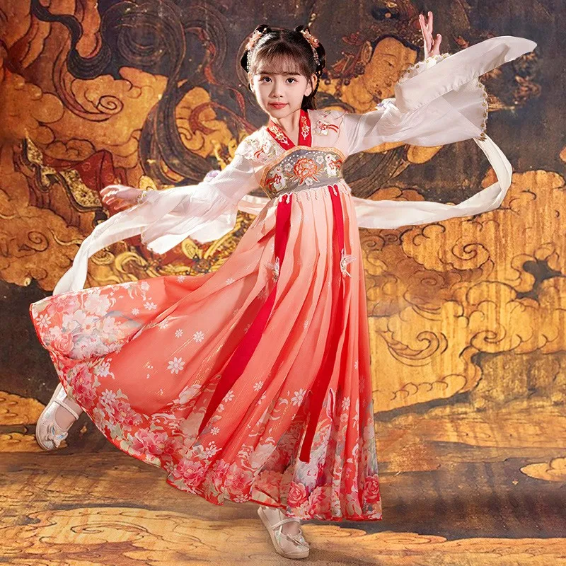 2024 New Embroider Hanfu Kids Vintage Chinese Perform Fairy Dance Dress Gown Girls Prom Formal Birthday Christmas Gift Cosplay