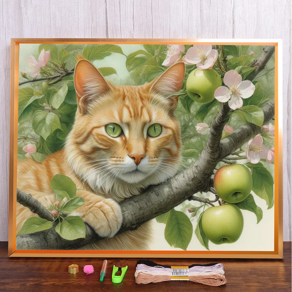 Apple Cat Printed 11CT Cross Stitch Kit Embroidery DMC Threads Handiwork Sewing Handmade Painting Promotions Floss Jewelry