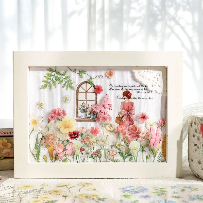 Literary style flower PET transparent frost flower dew language hand account collage decorative material waterproof DIY sticker