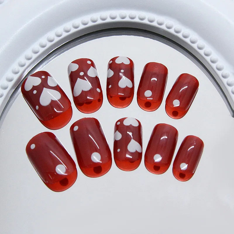 

24pcs White Heart & Polka Dot Press-On Nails - Simple Style on Wine Red Base Medium Square False Nails