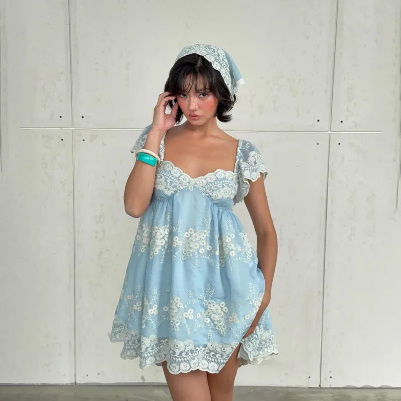 Summer Lace Embroidery Mini Dress Women French Vintage Puff Sleeve Loose A Line Sweet Party Beach Vestidos Female Clothing