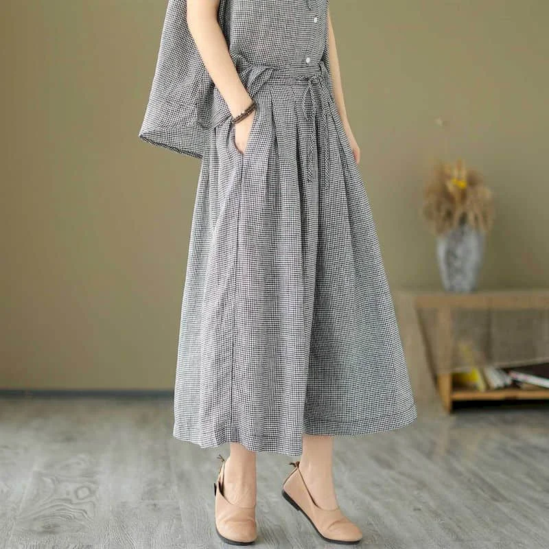 Plaid Pants Sets Casual Loose Cotton Linen Sleeveless O-neck Tops and Wide Leg Pants Korean Style Two Piece Sets Women Outfits