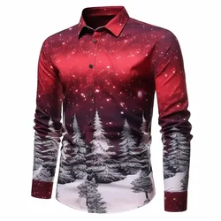 Christmas tree starry night print men's long-sleeved shirt high quality comfortable men's lapel top men's shirt 2024 new style