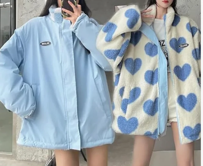 2025 two-sided wear love thickened couple outfits fashionable winter high street loose ins double-sided cotton coat plush jacket